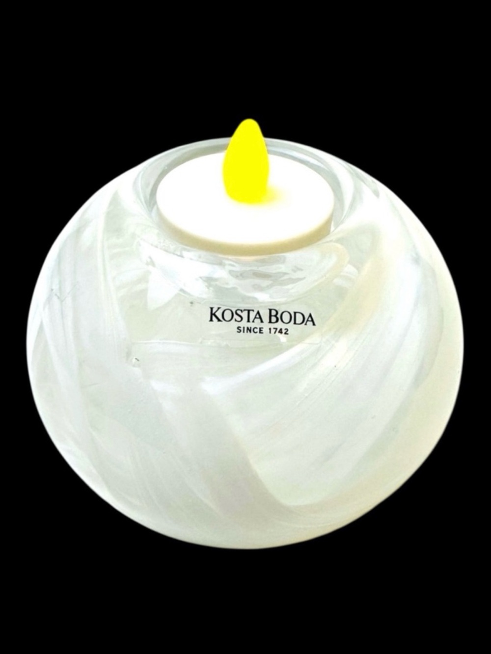 Kosta Boda Cool Moon Clear White Swirled Art Glass Ball Candle Holder Sweden